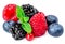 Berry mix isolated on a white background. Various fresh berries with mint  leaf. Raspberry, Blueberry, Cranberry, Blackberry.