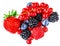 Berry mix isolated on a white background. Various fresh berries. Raspberry, Blueberry, Cranberry, Blackberry and Strawberry