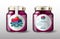 Berry mix marmalade. Strawberry, dewberry, blueberry and raspberry with silk ribbons. White round label for sweet preservation.