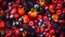 Berry mix photorealistic colorful full-frame closeup high angle view background, neural network generated image