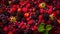 Berry mix photorealistic colorful full-frame closeup high angle view background, neural network generated image