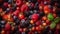 Berry mix photorealistic colorful full-frame closeup high angle view background, neural network generated image