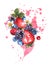 Berry mix with splashes of watercolor. Juicy strawberries, blueberries, cherries and blackberries with leaves. Vector.