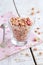 Berry muesli on rusted wooden table