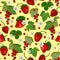 Berry seamless pattern of red currant berries with leaves and ripe strawberry