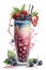 Berry smoothie in a tall glass with a straw, watercolor style