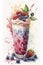 Berry smoothie in a tall glass with a straw, watercolor style