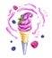 Berry soft ice cream in a waffle cone with berries and syrup spray, watercolor drawing