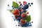 berry splashing juice on white background. Fresh juicy berries concept. Juice splash. Flying berry. Generative AI
