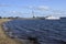 Berth on Lake Onega with ships and cranes in Petrozavodsk, Karelia, Russia