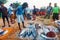 Beruwala, Sri Lanka - 10 February, 2017: Group of sellers and customers bargain at fish market in Bentota or Aluthgama area