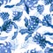 Beryl Seamless Plant. Azure Pattern Plant. Blue Watercolor Plant. Cobalt Tropical Leaves. Indigo Floral Textile. Navy Summer Palm.