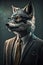 bespectacled wolf wearing a suit on a dark background