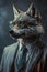 bespectacled wolf wearing a suit on a dark background