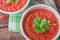The best authentic, delicious, fresh gazpacho ,chilled, Spanish tomato soup from only raw ingredients with tomato, cucumber, bell