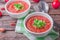 The best authentic, delicious, fresh gazpacho ,chilled, Spanish tomato soup from only raw ingredients with tomato, cucumber, bell