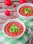 The best authentic, delicious, fresh gazpacho ,chilled, Spanish tomato soup from only raw ingredients with tomato, cucumber, bell