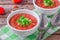 The best authentic, delicious, fresh gazpacho ,chilled, Spanish tomato soup from only raw ingredients with tomato, cucumber, bell