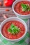 The best authentic, delicious, fresh gazpacho ,chilled, Spanish tomato soup from only raw ingredients with tomato, cucumber, bell