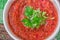 The best authentic, delicious, fresh gazpacho ,chilled, Spanish tomato soup from only raw ingredients with tomato, cucumber, bell