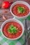 The best authentic, delicious, fresh gazpacho ,chilled, Spanish tomato soup from only raw ingredients with tomato, cucumber, bell