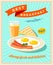 Best breakfast - vintage restaurant sign. Retro styled poster with fried eggs, slices of bacon, toast and glass of orange juice.