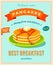 Best breakfast - vintage restaurant sign. Retro styled poster with pile of best in town pancakes with butter and maple syrup.