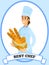 Best chef logo with smiling woman holding bread basket. Bakehouse worker with hot pastries, bakery
