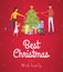 Best christmas flat banner vector template. Cheerful parents with kids, family decorating fir tree cartoon characters