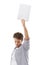 This is the best copyspace for you. A handsome young man holding up a sign for your copyspace.