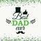 Best Dad Ever greeting card with cylinder, moustache, thumbs up, laurels on stripes background and green confetti. Vector