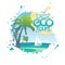 Best eco tours poster in form of blot with tropical ocean, palms and yacht
