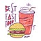 Best fast food burger and cold drink. Hand drawn vector illustration. Cartoon style.