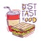 Best fast food sandwich and cold drink. Hand drawn vector illustration. Cartoon style.