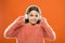 Best free music apps for your mobile device. Enjoy sound. Girl cute little child wear headphones listen music. Kid