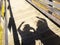 Best friend concept picture, black shadow of two people showing peace hand sign on wooden path way