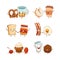 Best friends best food characters set. Pretzel beer, donut coffee, sandwich peanut butter, egg ham holding hands vector