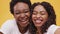 Best friends selfie. Camera pov shot of two cheerful african american women making self photo on smartphone