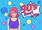 Best hits of 90s illistration with disco woman wearing glasses and pink hair on blue background