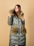 Best holiday. girl in puffed coat. faux fur fashion. beauty in winter clothing. cold season shopping. woman in padded