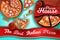 The best Italian pizza banner in realistic style with pepperoni slices, margherita, tomato, mozzarella, red ribbon.