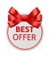 Best offer. Shopping circle label with red bow, cheap product marketing emblem, sale round promotion element with ribbon