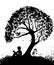 Best place to read concept, boy reading under the big tree, park scene in black and white, childhood memories, shadow