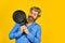 Best quality. bearded cook portrait with kitchen tools. bearded man hold cooking pan. cook preparing food in kitchen