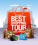 Best shopping tour design concept, big red paper bag, suitcases and camera