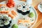 The best sushi rolls, Japanese cuisine. Different delicious kind