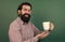 best taste ever. happy mature teacher drinking morning coffee. brutal bearded man hold cup of tea. morning energy. just