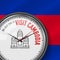 The Best Time for Visit Cambodia. Vector Clock with Slogan. Cambodian Flag Background. Analog Watch. Angkor Wat Icon
