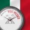 The Best Time for Visit Mexico. White Vector Clock with Slogan. Mexican Flag Background. Analog Watch. Chichen Itza Icon