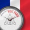 The Best Time for Visit Paris. Vector Clock with Slogan. French Flag Background. Analog Watch. Sacre-Coeur Basilica Icon